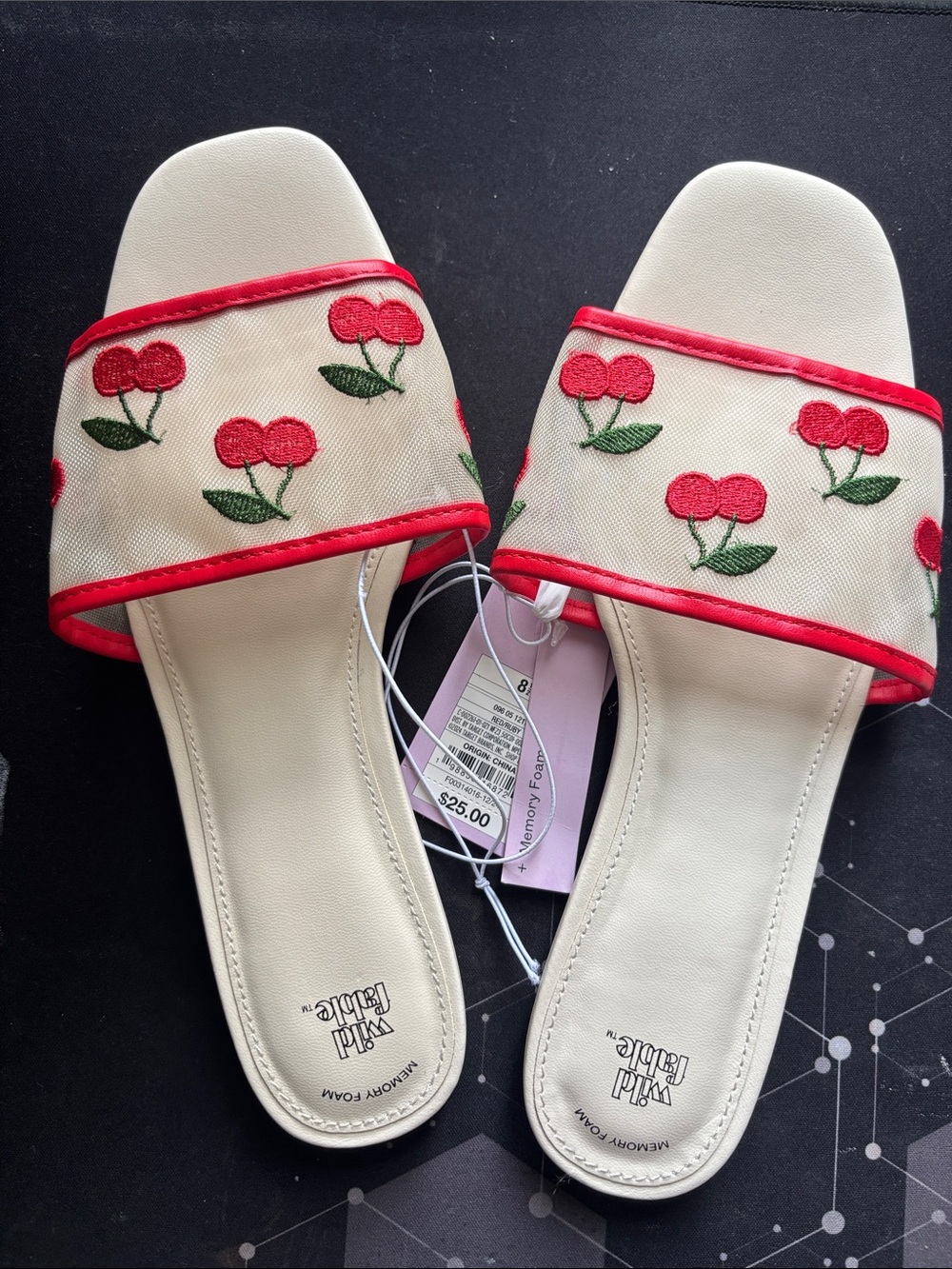 wild fable Cream Slide Sandals with Red Cherry Embroidery
